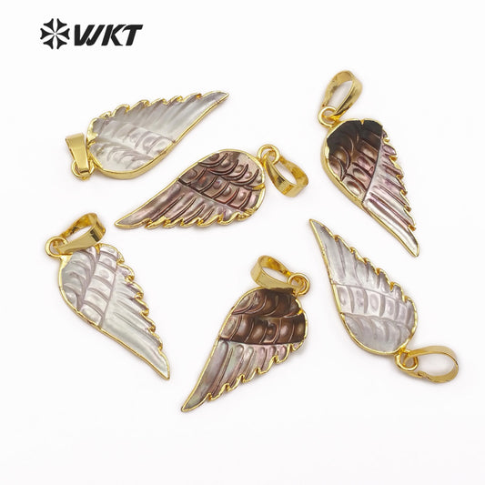 WT-JP099 Women Shell Dainty Necklace Gold Trim Wings Pendant Real White Black Shell Carved Feather Sea Shell Pendant