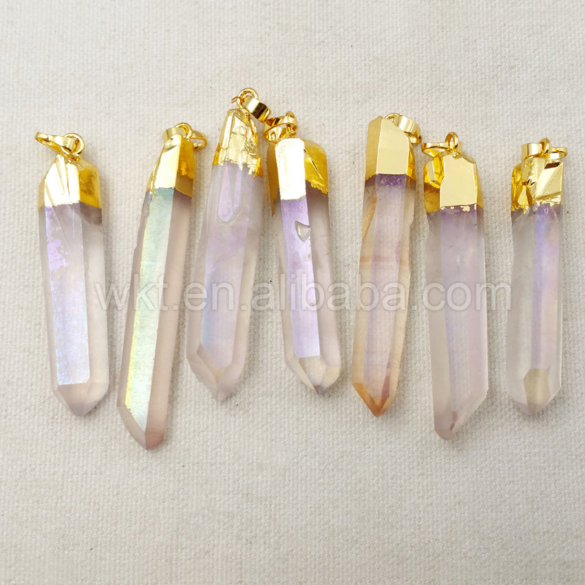 WT-P996 Amazing Natural Angel Aura Crystal Quartz Pendant for Necklace Fashion 18k Real Gold Dipped Quartz Point Pendant