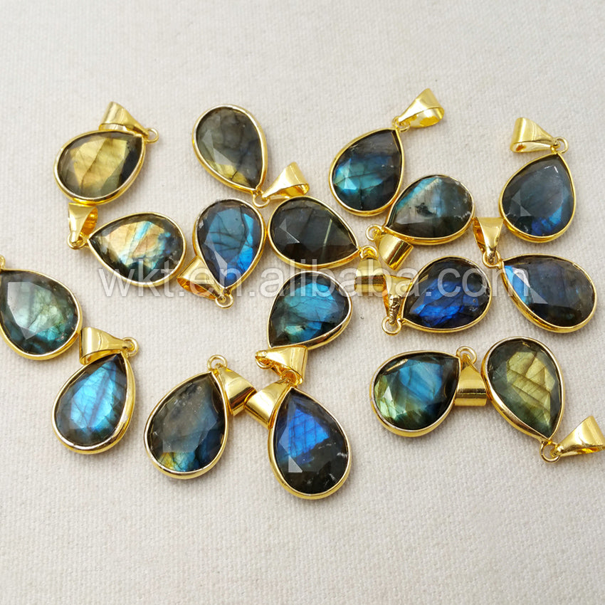 WT-P997 16*22mm Wholesale Natural Teardrop Labradorite Stone Pendant With 18k Real GoldPlated Fashion Faceted Drop Stone Pendant
