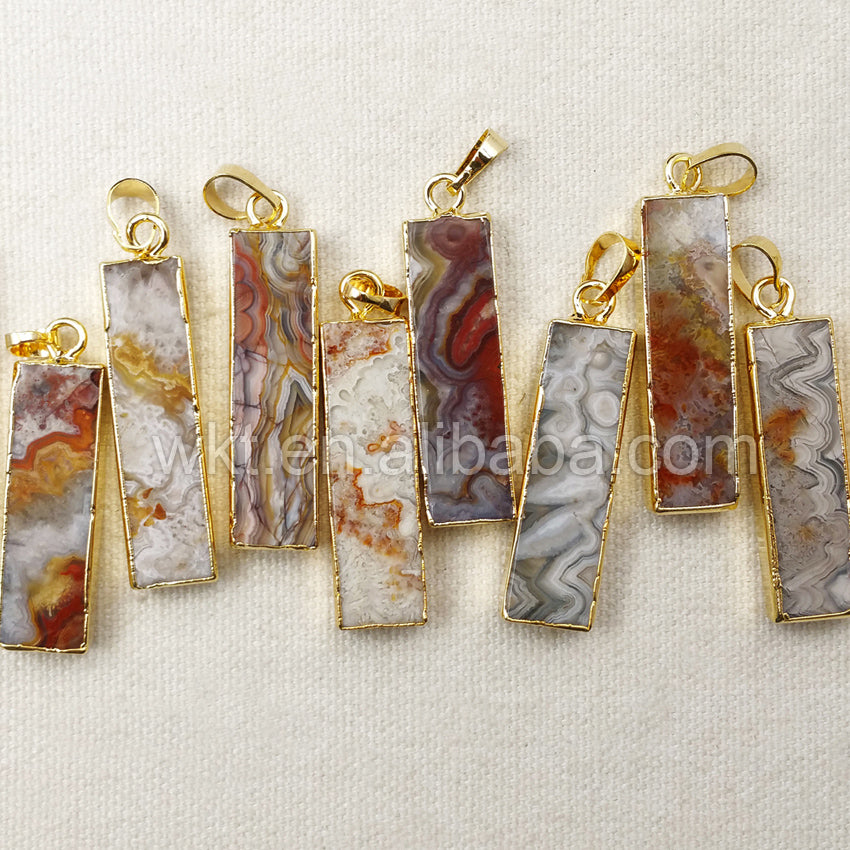 WT-P1042 High Quality Wholesale Size 10*35mm Natural Mexican Agate Rectangle with 18k Real Gold Electroplated Stone Pendant