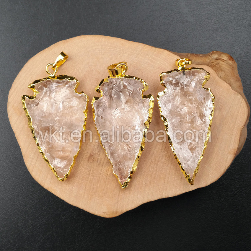 WT-P904 Charming Fashion Wholesale Hot Style Big Size 2 Inch Long With 18k Gold Plated Raw Crystal Quartz Arrowhead Pendant