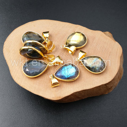 WT-P997 16*22mm Wholesale Natural Teardrop Labradorite Stone Pendant With 18k Real GoldPlated Fashion Faceted Drop Stone Pendant