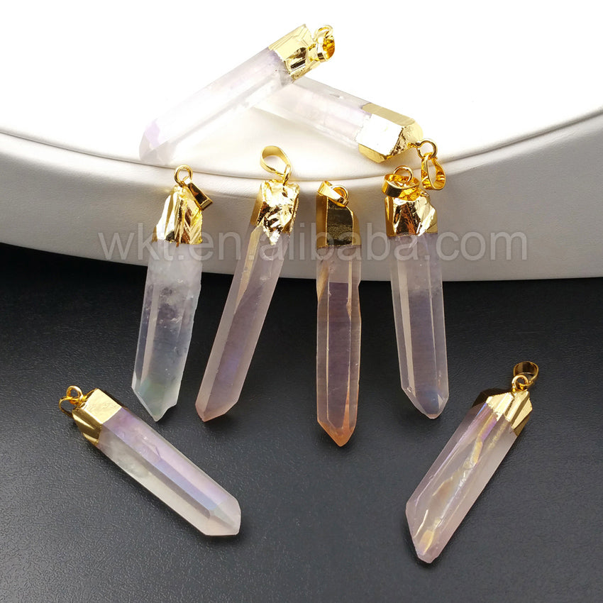 WT-P996 Amazing Natural Angel Aura Crystal Quartz Pendant for Necklace Fashion 18k Real Gold Dipped Quartz Point Pendant