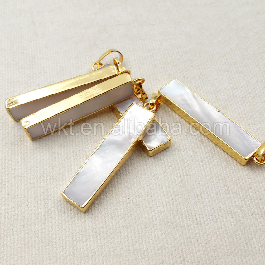 WT-P1051 Charm Mother of Pearl Rectangle Pendant for Necklace Making Size 8*35mm Gold Pearl Pendant Wholesale
