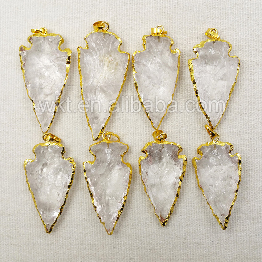 WT-P904 Charming Fashion Wholesale Hot Style Big Size 2 Inch Long With 18k Gold Plated Raw Crystal Quartz Arrowhead Pendant
