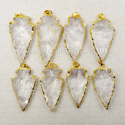 WT-P904 Charming Fashion Wholesale Hot Style Big Size 2 Inch Long With 18k Gold Plated Raw Crystal Quartz Arrowhead Pendant