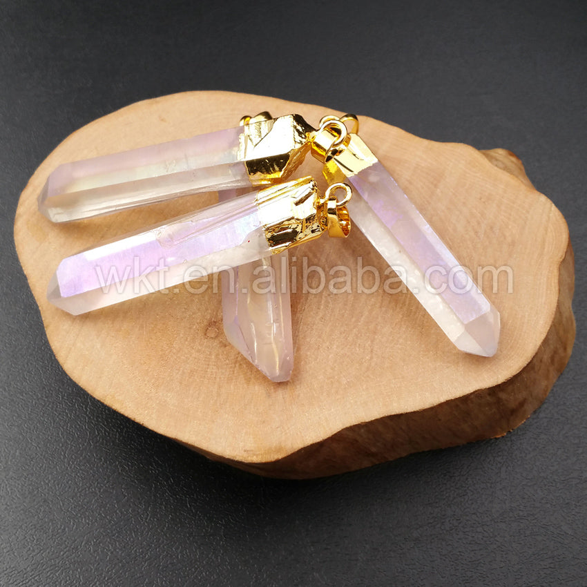 WT-P996 Amazing Natural Angel Aura Crystal Quartz Pendant for Necklace Fashion 18k Real Gold Dipped Quartz Point Pendant