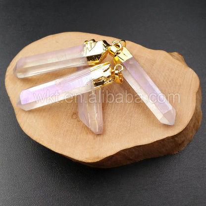 WT-P996 Amazing Natural Angel Aura Crystal Quartz Pendant for Necklace Fashion 18k Real Gold Dipped Quartz Point Pendant