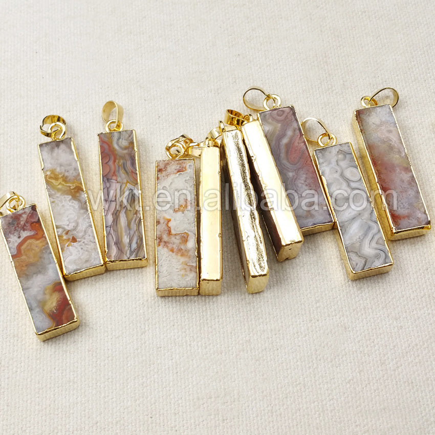 WT-P1042 High Quality Wholesale Size 10*35mm Natural Mexican Agate Rectangle with 18k Real Gold Electroplated Stone Pendant