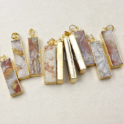 WT-P1042 High Quality Wholesale Size 10*35mm Natural Mexican Agate Rectangle with 18k Real Gold Electroplated Stone Pendant