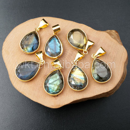 WT-P997 16*22mm Wholesale Natural Teardrop Labradorite Stone Pendant With 18k Real GoldPlated Fashion Faceted Drop Stone Pendant