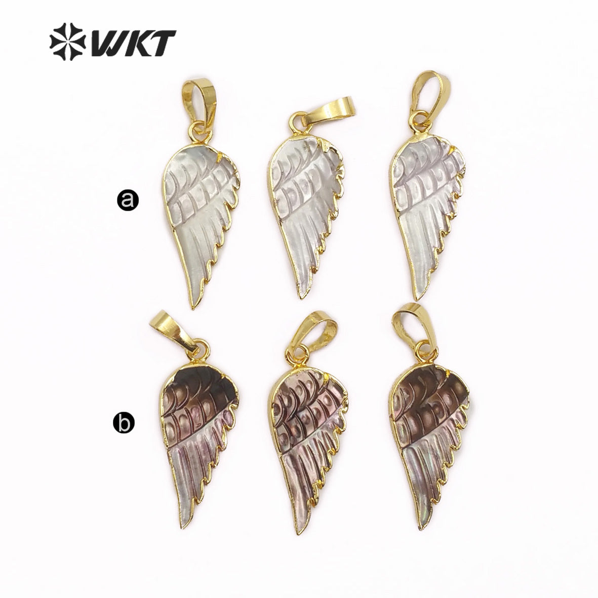 WT-JP099 Women Shell Dainty Necklace Gold Trim Wings Pendant Real White Black Shell Carved Feather Sea Shell Pendant