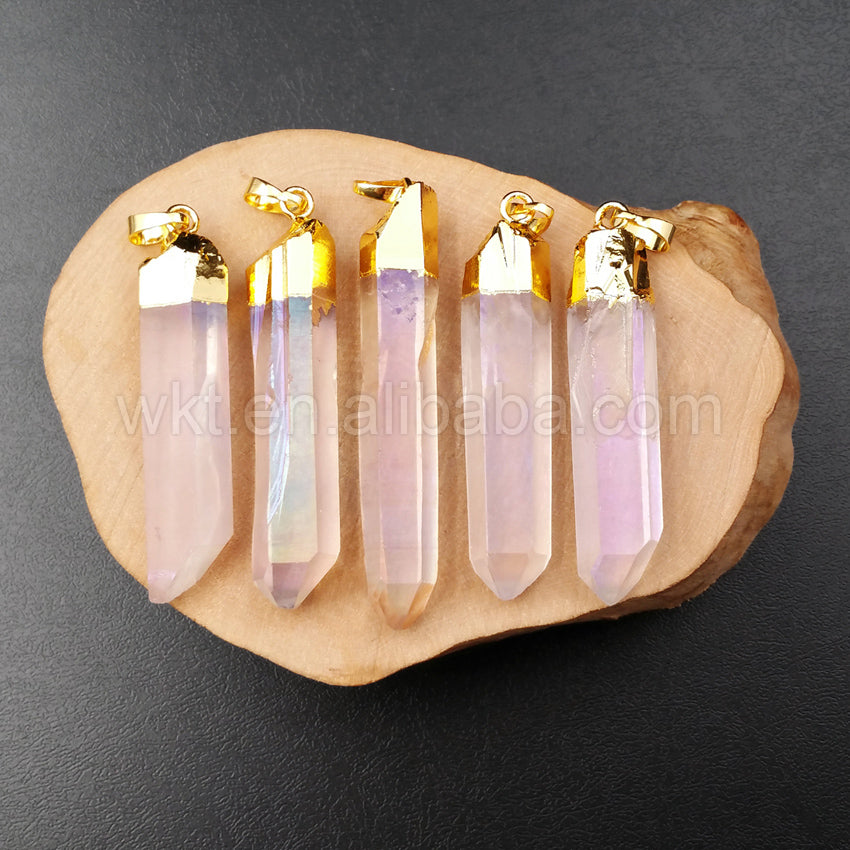 WT-P996 Amazing Natural Angel Aura Crystal Quartz Pendant for Necklace Fashion 18k Real Gold Dipped Quartz Point Pendant