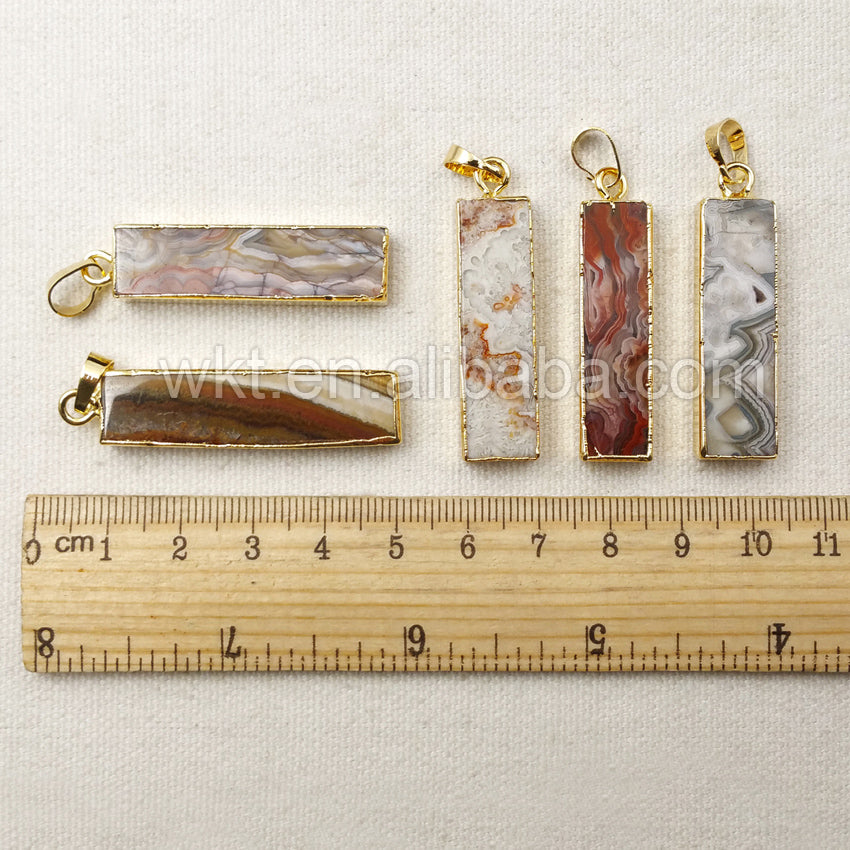 WT-P1042 High Quality Wholesale Size 10*35mm Natural Mexican Agate Rectangle with 18k Real Gold Electroplated Stone Pendant