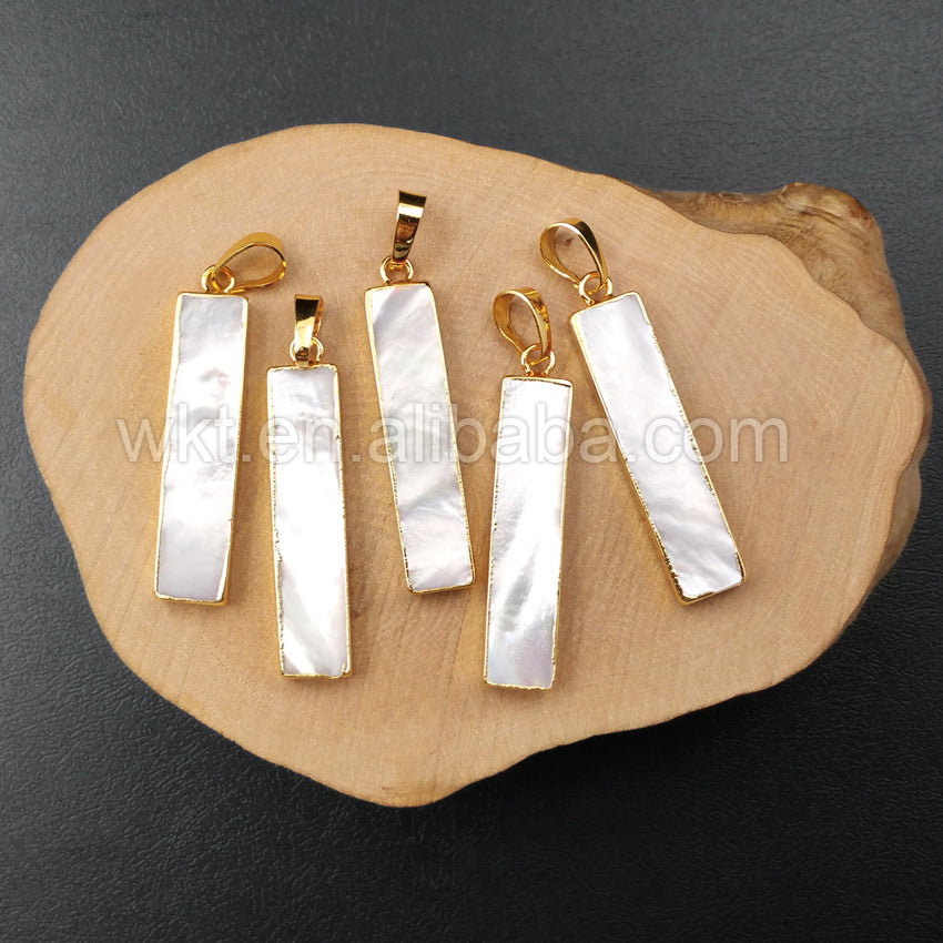 WT-P1051 Charm Mother of Pearl Rectangle Pendant for Necklace Making Size 8*35mm Gold Pearl Pendant Wholesale