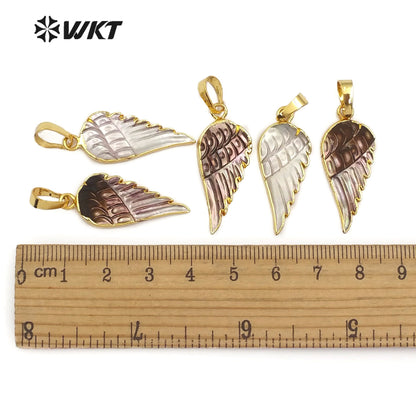 WT-JP099 Women Shell Dainty Necklace Gold Trim Wings Pendant Real White Black Shell Carved Feather Sea Shell Pendant