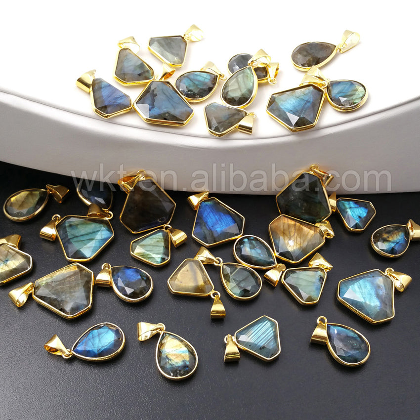 WT-P997 16*22mm Wholesale Natural Teardrop Labradorite Stone Pendant With 18k Real GoldPlated Fashion Faceted Drop Stone Pendant