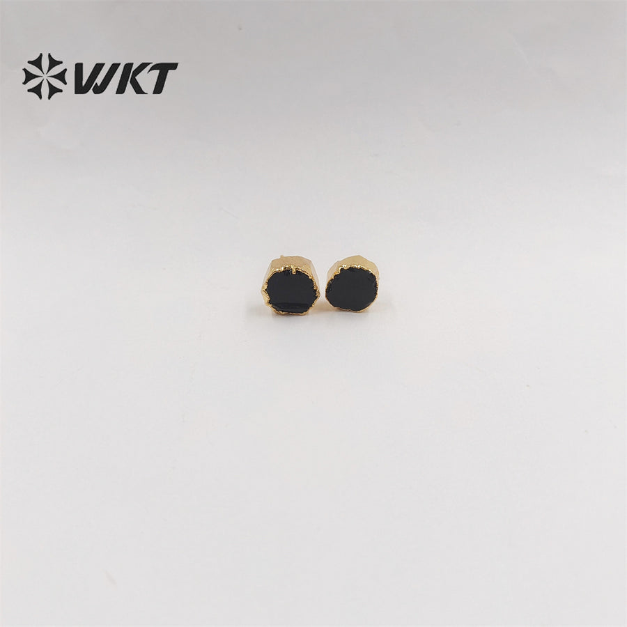 WKT-E673 Women Vintage Bohemian Raw Stone Studs Without Polish Fashion Gold Plated Hand Cut Original Rose Quartz Stone Studs