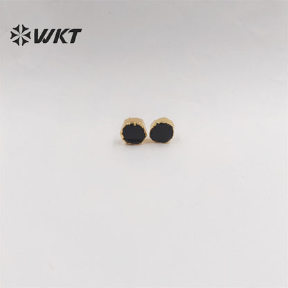WKT-E673 Women Vintage Bohemian Raw Stone Studs Without Polish Fashion Gold Plated Hand Cut Original Rose Quartz Stone Studs