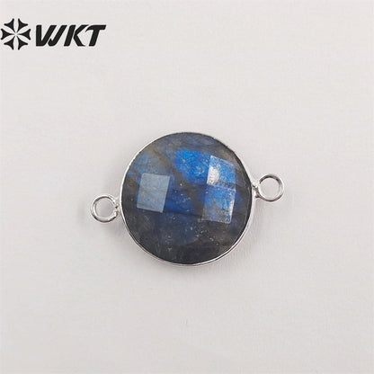 WT-C118 Wholesale Sparkly Tiny Labradorite Charm Connectors ,Lovely Round Natural Labradorite With Gold Plated Jewelry Findings