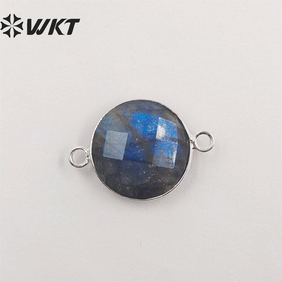 WT-C118 Wholesale Sparkly Tiny Labradorite Charm Connectors ,Lovely Round Natural Labradorite With Gold Plated Jewelry Findings