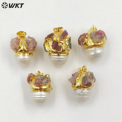 WT-JP377 Newest Fashion 18K Real Gold Plated Natural Baroque Pearl Pendants With Tourmaline Charms on Cap