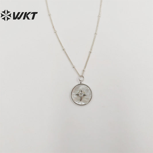 WT-JN213 WKT New Delicate Round Shell Necklace Micropaved Cubic Zircon White Pearl Shell Pendant Necklace With 18inch Chain