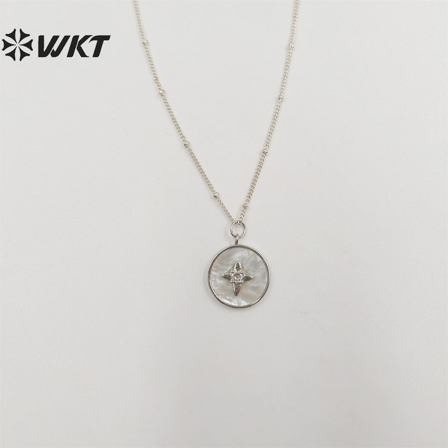 WT-JN213 WKT New Delicate Round Shell Necklace Micropaved Cubic Zircon White Pearl Shell Pendant Necklace With 18inch Chain