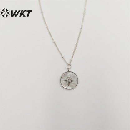 WT-JN213 WKT New Delicate Round Shell Necklace Micropaved Cubic Zircon White Pearl Shell Pendant Necklace With 18inch Chain