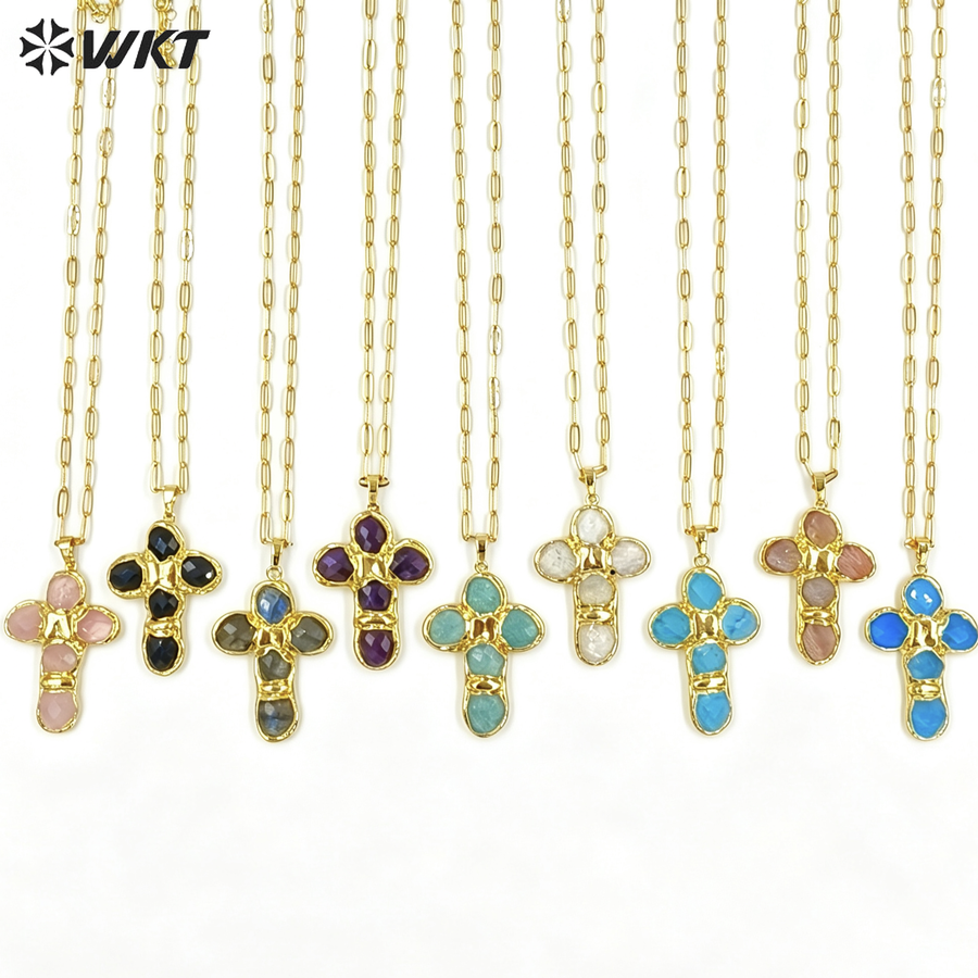 WT-N1543 Factory Wholesale High Quality 18K Gold Plated Natural Gemstone Cross Shape Pendant Necklaces As Women Trendy Jewelry