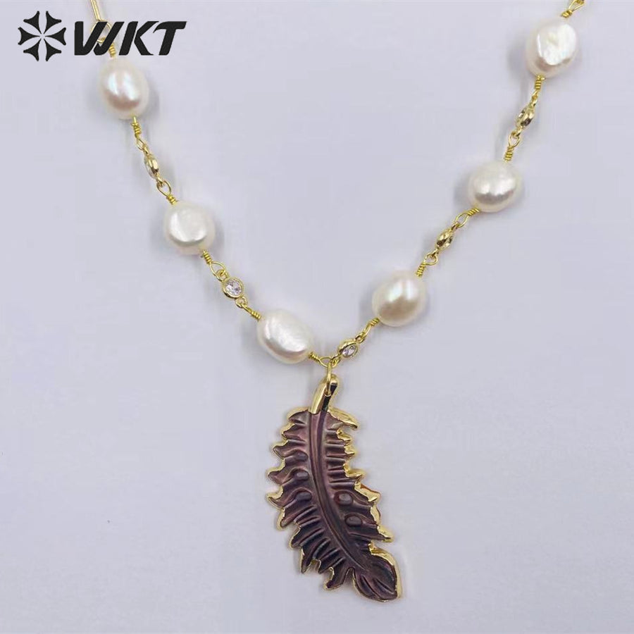 WT-JN234 Wholesale Newest Fashion Feather Freshwater Pearl Necklace Gorgeous Multi- Color Optional Pearl Fancy Chain Necklace