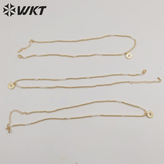 WT-JN179 Wholesale Fashion Gold Plated Tiny Beads Elegant Lady Eye Necklace 2mm Hand Strand Beads Necklace for Friend Birthday
