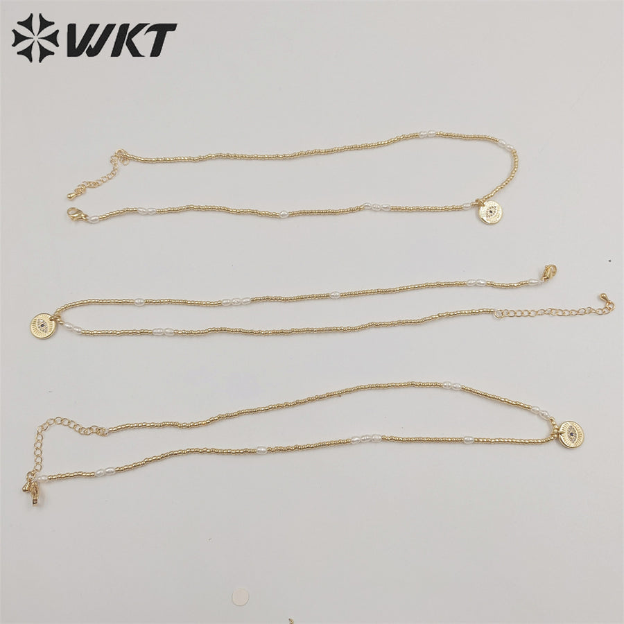 WT-JN179 Wholesale Fashion Gold Plated Tiny Beads Elegant Lady Eye Necklace 2mm Hand Strand Beads Necklace for Friend Birthday