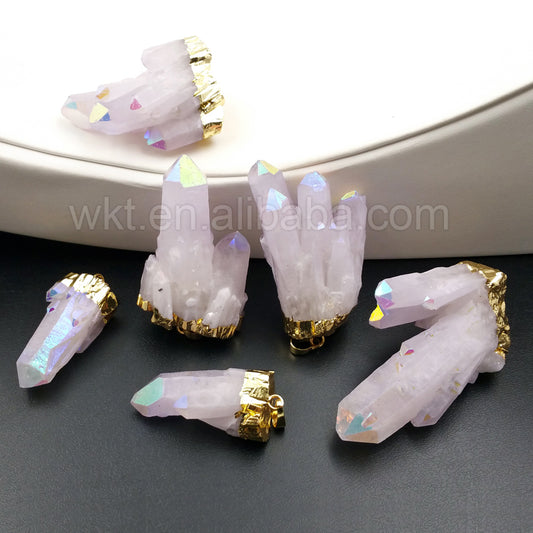 WT-P1070 Newest Fashion Raw Angel Crystal Quartz Point Pendant with AB Color Gold Plated Angel Quartz Pendant