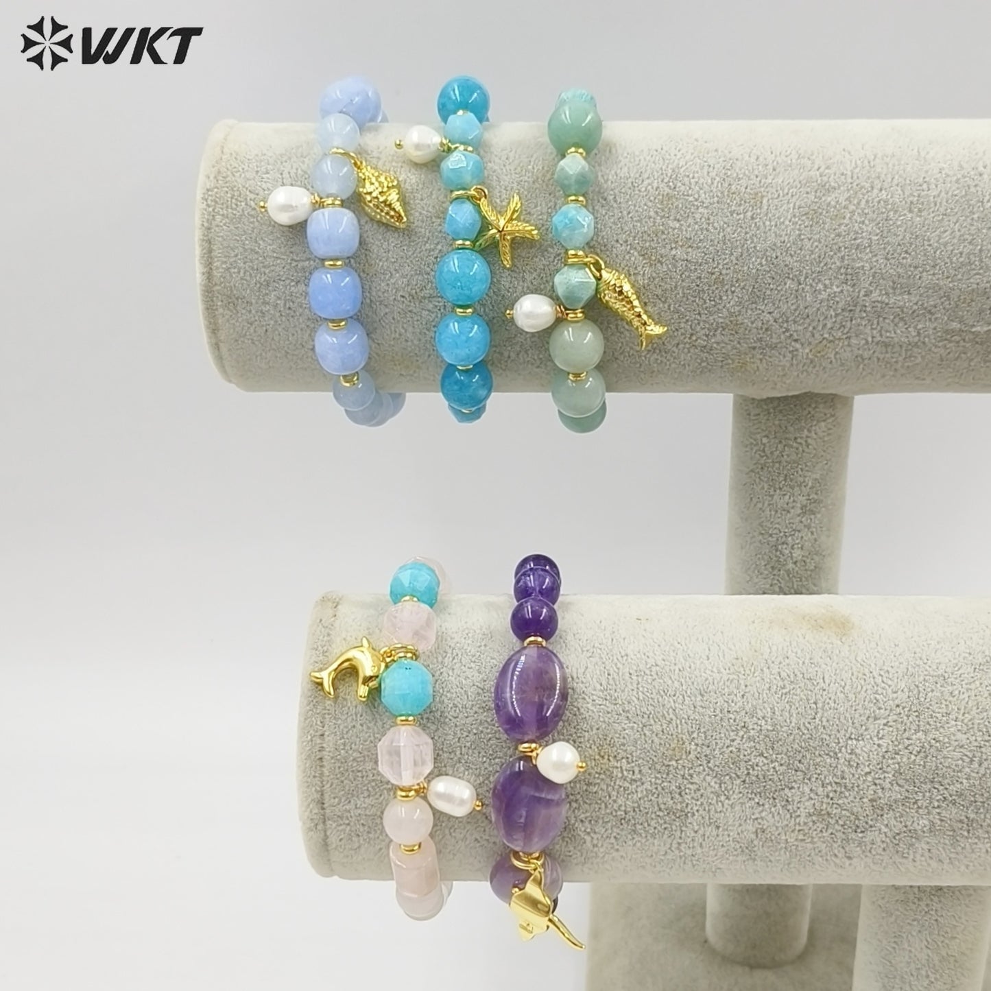 WT-B712 Beautiful Natural Gemstones Beads With Little Pearl And Shell Star Charms Gold Bracelets As Fashion Jewelry Accessory