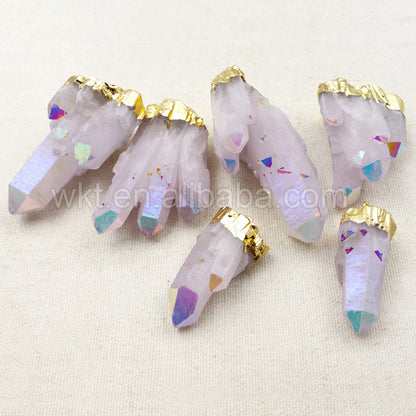 WT-P1070 Newest Fashion Raw Angel Crystal Quartz Point Pendant with AB Color Gold Plated Angel Quartz Pendant