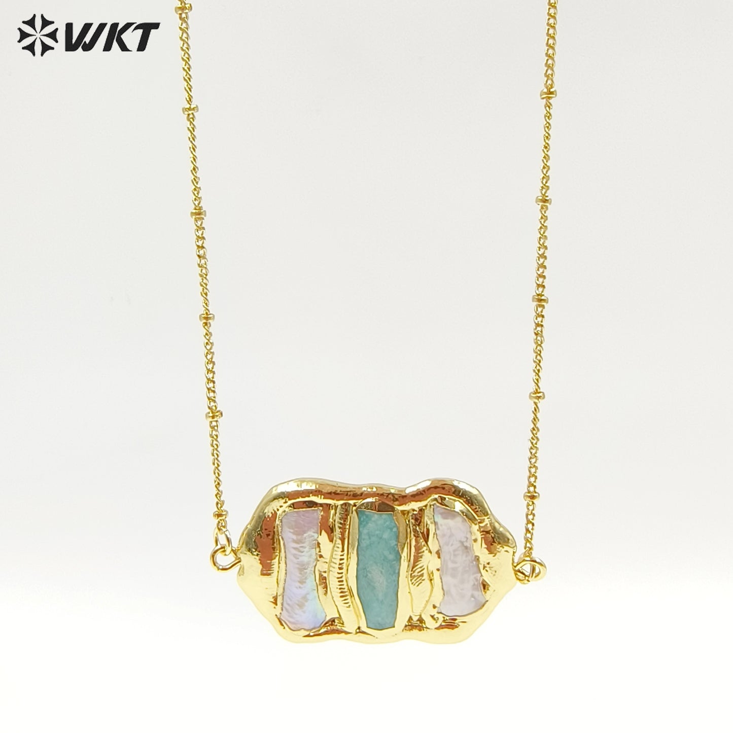 WT-JN136 Wholesale New Triple Stone Statement Necklace 18 Inch Long Gold Pearl and Stone Mix Birthday Gift Women Necklace