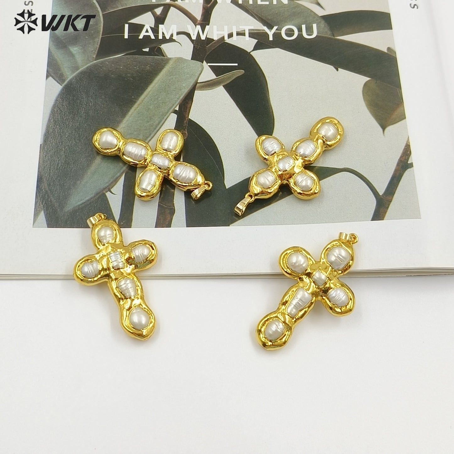 WT-JP445 Good Quality Gold Plated Religious Style Six Natural Freshwater Pearls Cross Pendant For Fashion Necklace Making