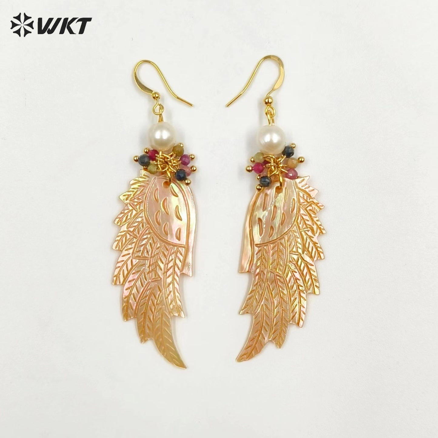 WT-MPE103 Latest Style Shell and Tourmaline Beads 22*53mm Wing Shaped 18k Gold Plated Gift Weeding Romantic Pendant Earrings