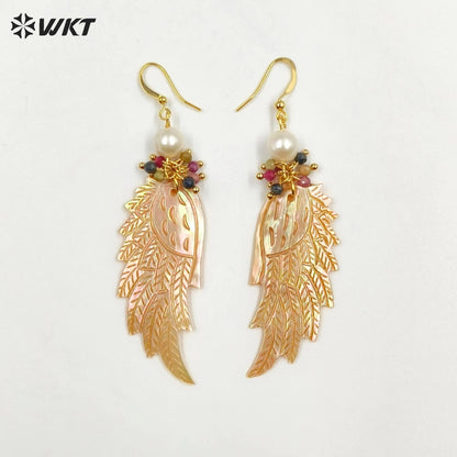 WT-MPE103 Latest Style Shell and Tourmaline Beads 22*53mm Wing Shaped 18k Gold Plated Gift Weeding Romantic Pendant Earrings