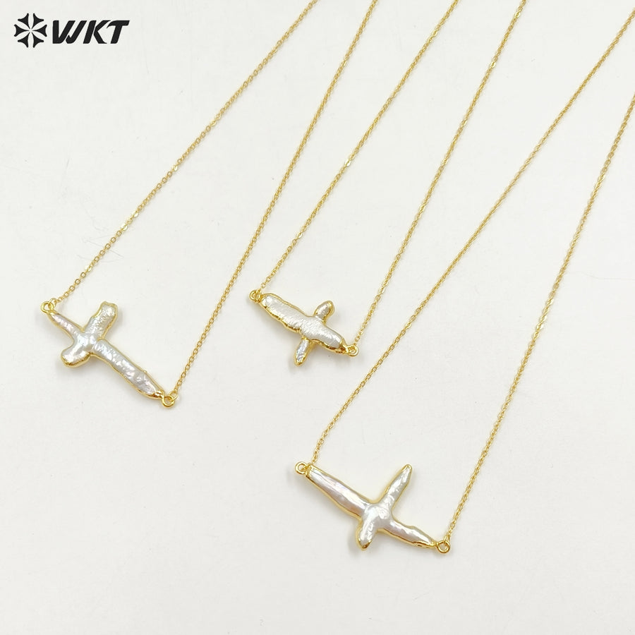 WT-N659 Wholesale Vintage Natural Freshwater Pearl Necklace, Fashion Gold Plated Double Loops Pearl Cross Necklace