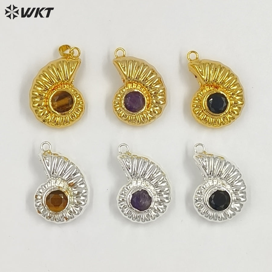 WT-P2056 High Quality Lovely Gold Silver Plated Metal With Natural Gemstones Shell Shape Pendants For Handmade Necklace DIY