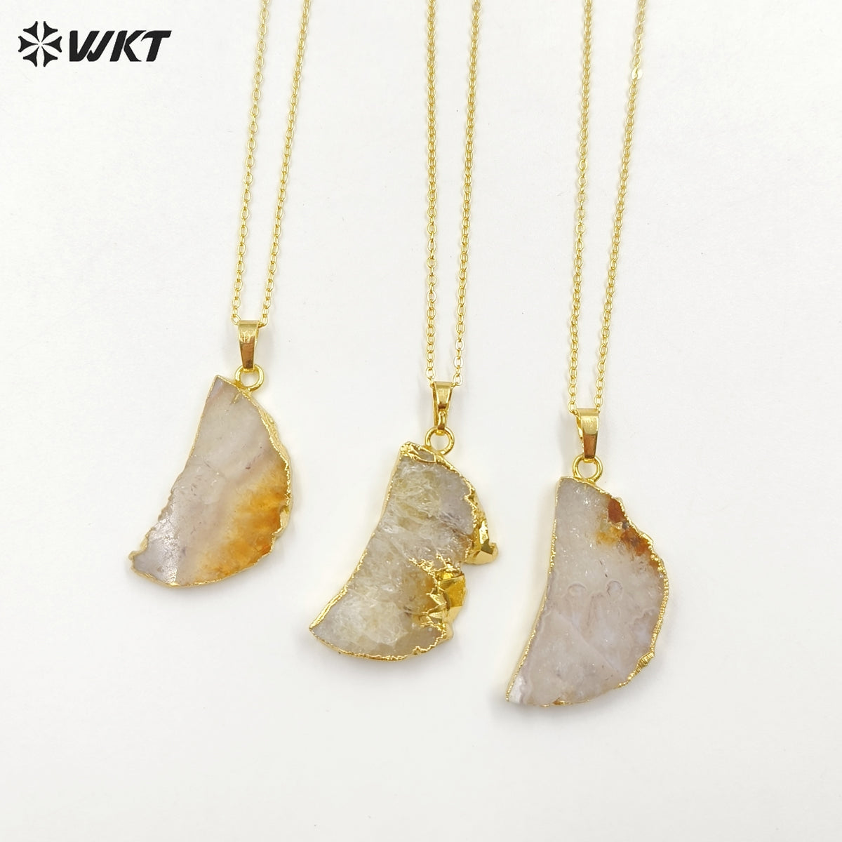 WT-N1300 Amazing Celestial Natural Slice Amethyst Moon Necklace Lady Gold Trim Half Moon Druzy Crescent Amethyst Necklace