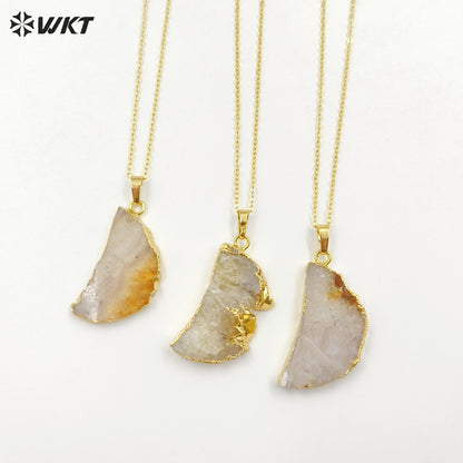 WT-N1300 Amazing Celestial Natural Slice Amethyst Moon Necklace Lady Gold Trim Half Moon Druzy Crescent Amethyst Necklace