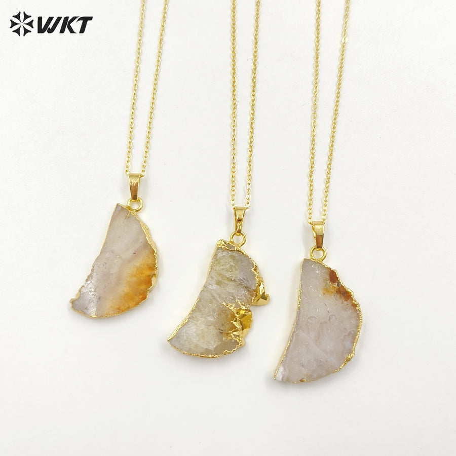 WT-N1300 Amazing Celestial Natural Slice Amethyst Moon Necklace Lady Gold Trim Half Moon Druzy Crescent Amethyst Necklace