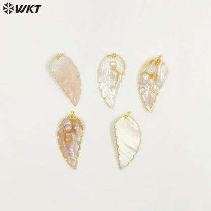 WT-JP074 Random Size Pearls Dainty Crave With Gold Bezel for Pendant Unique Design Natural Sea Shell in Leaf Shape Pendant