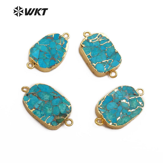 WT-C282 Natural Blue Vein Turquoises Pendant Double Hoops Turquoises Stone Connector Gold Pendant for Women Jewelry Making