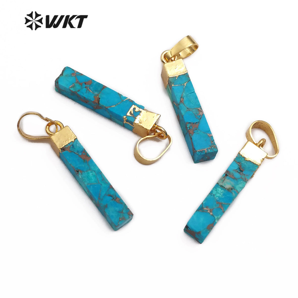 WT-P1453 Natural Blue Vein Turquoises Pendant Rectangle Shape Stones Gold Capped Pendant Women Necklace Ornaments Jewelry