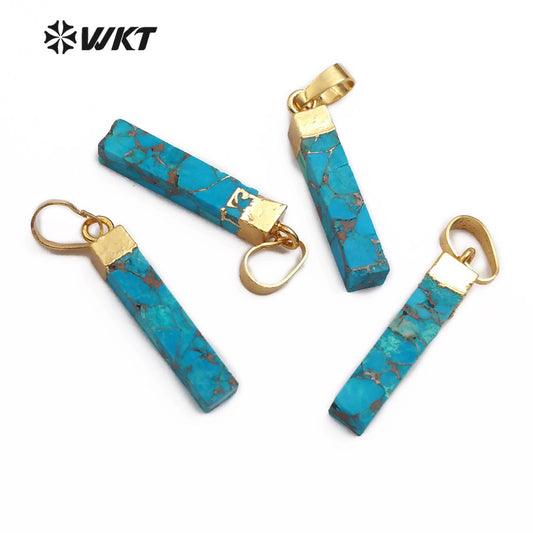WT-P1453 Natural Blue Vein Turquoises Pendant Rectangle Shape Stones Gold Capped Pendant Women Necklace Ornaments Jewelry