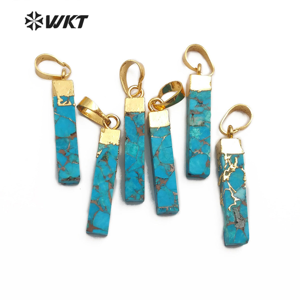 WT-P1453 Natural Blue Vein Turquoises Pendant Rectangle Shape Stones Gold Capped Pendant Women Necklace Ornaments Jewelry